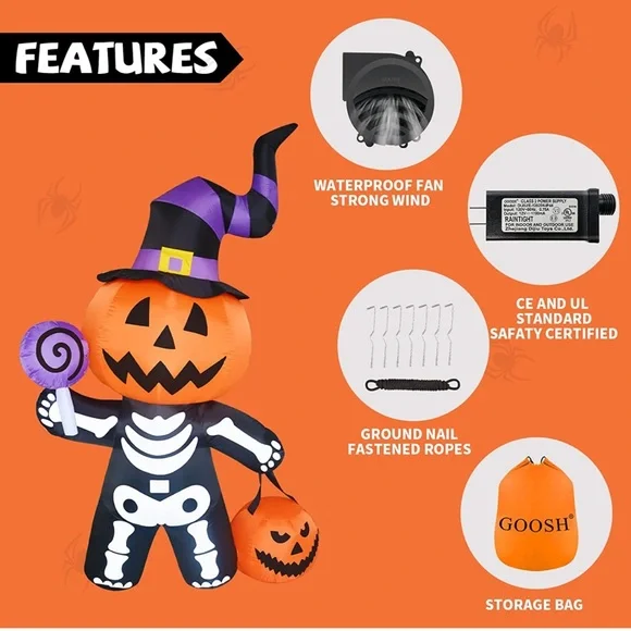 6 FT Height Halloween Inflatable Outdoor Pumpkin with Skull Body